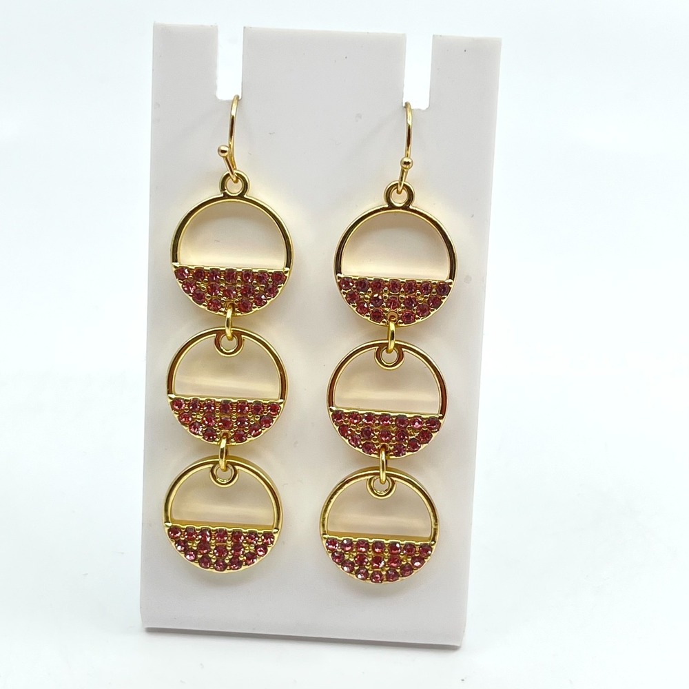 Vintage Y2K Gold Tone Pink Rhinestone Geometric Tiered Circle Drop Earrings